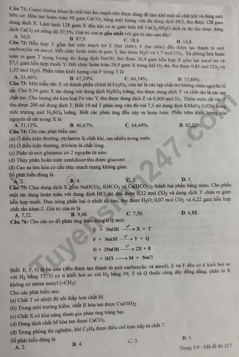 Dap an de thi tot nghiep THPT 2024 mon Hoa ma de 217