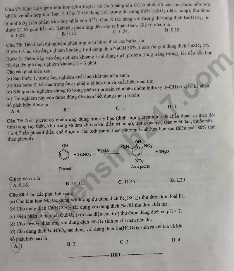 Dap an de thi tot nghiep THPT 2024 mon Hoa ma de 217