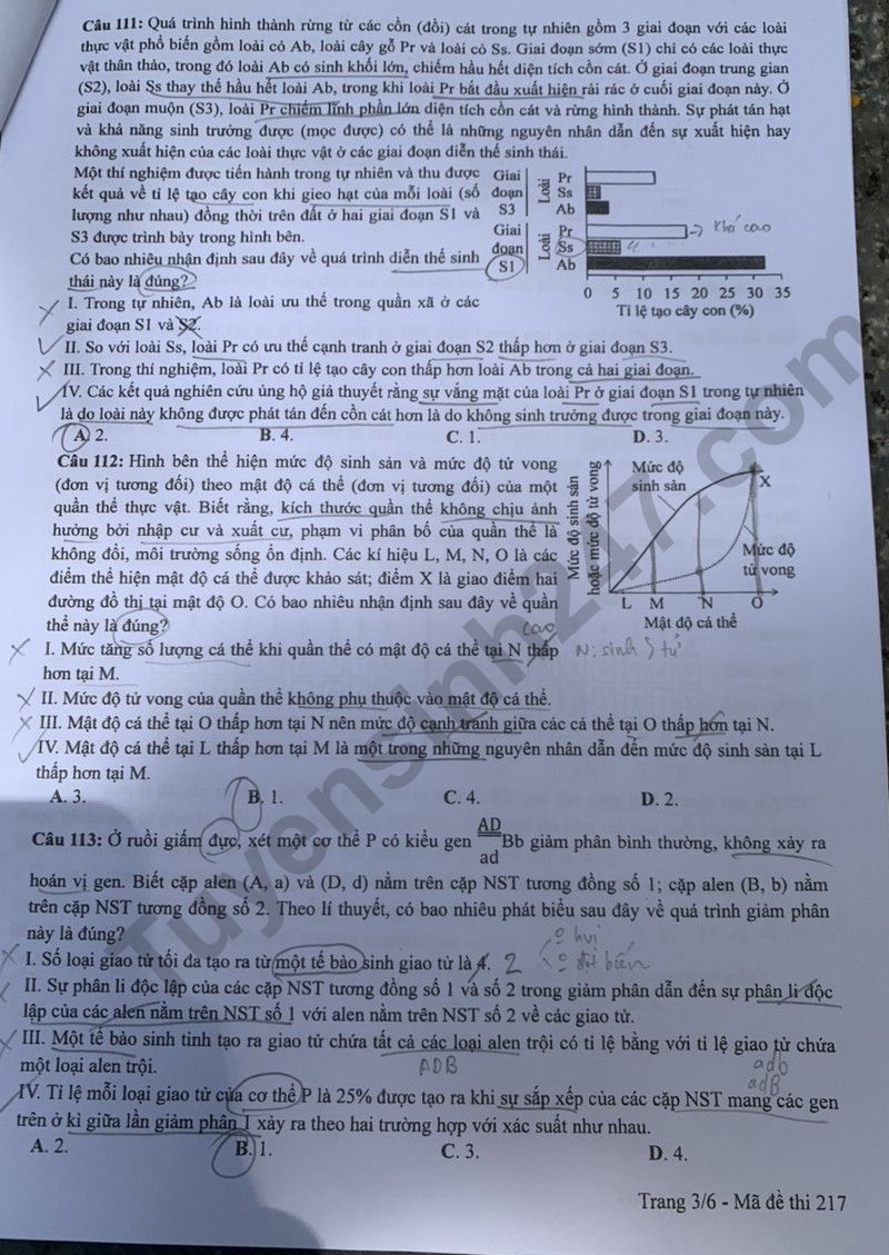 Dap an de thi tot nghiep THPT nam 2024 - mon Sinh ma de 217