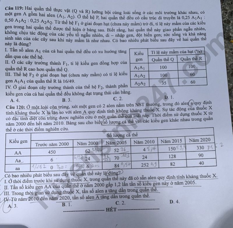 Dap an de thi tot nghiep THPT nam 2024 - mon Sinh ma de 217