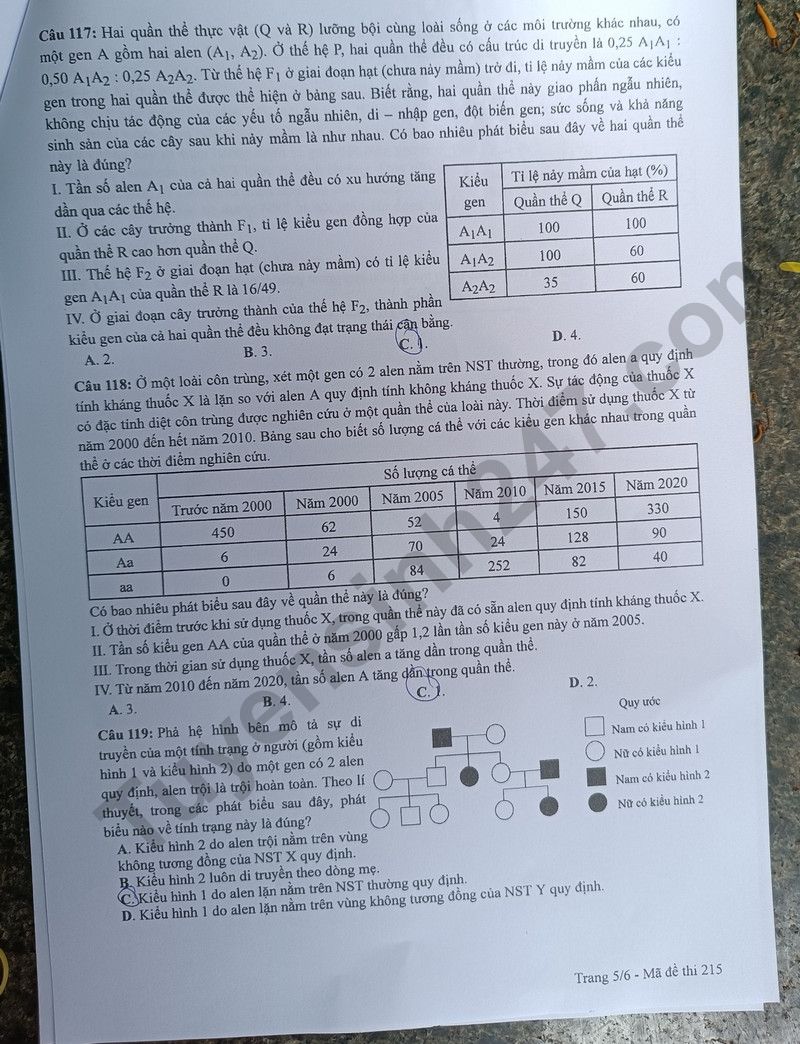 Dap an de thi mon Sinh ma de 215 tot nghiep THPT 2024