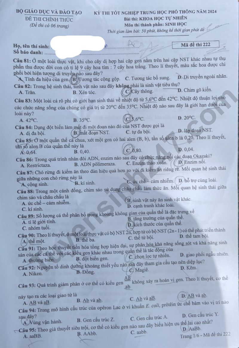 Dap an de thi tot nghiep THPT 2024 mon Sinh - Ma de 222