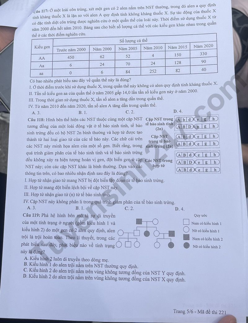 Dap an de thi tot nghiep THPT 2024 - mon Sinh ma de 221