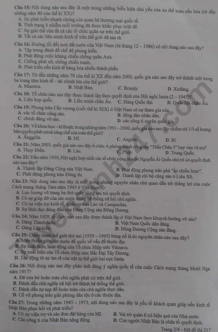 Cập nhật Đề thi và đáp án môn Lịch sử mã 317 tốt nghiệp THPT 2024