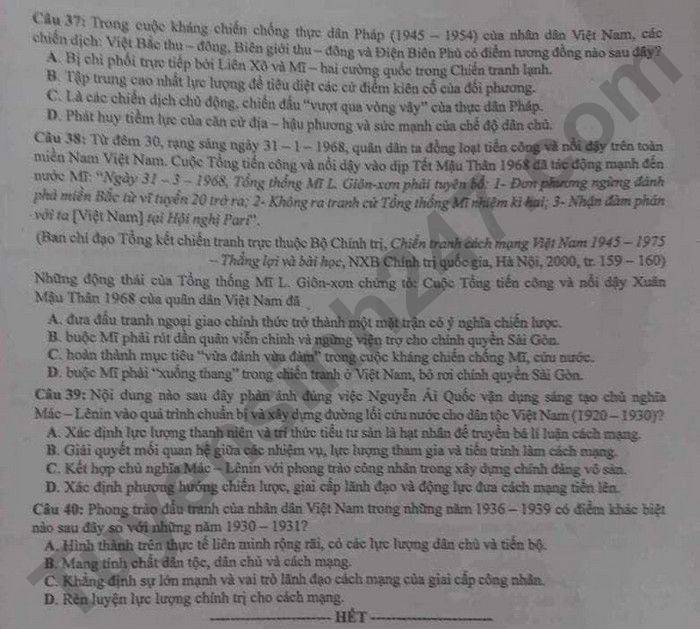 Cập nhật Đề thi và đáp án môn Lịch sử mã 317 tốt nghiệp THPT 2024