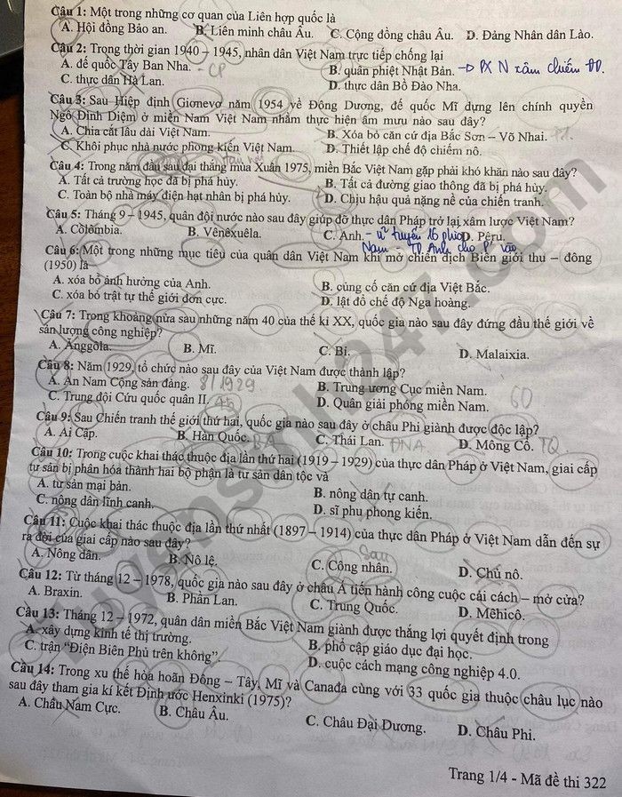 Cập nhật Đề thi và đáp án môn Lịch sử mã 322 tốt nghiệp THPT 2024 Cập nhật Đề thi và đáp án môn Lịch sử mã 322 tốt nghiệp THPT 2024