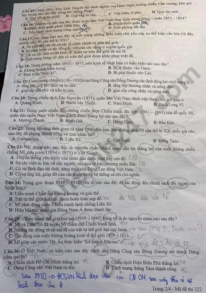 Cập nhật Đề thi và đáp án môn Lịch sử mã 322 tốt nghiệp THPT 2024 Cập nhật Đề thi và đáp án môn Lịch sử mã 322 tốt nghiệp THPT 2024