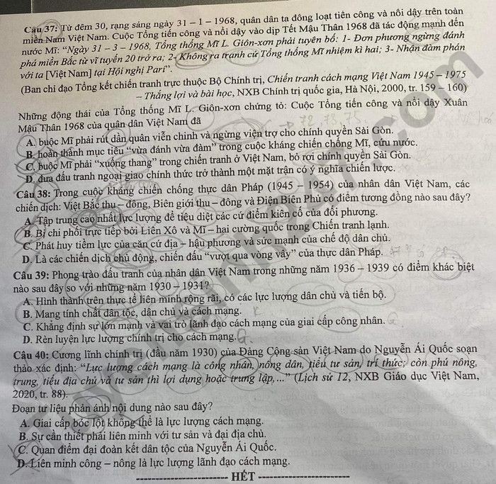 Cập nhật Đề thi và đáp án môn Lịch sử mã 322 tốt nghiệp THPT 2024 Cập nhật Đề thi và đáp án môn Lịch sử mã 322 tốt nghiệp THPT 2024
