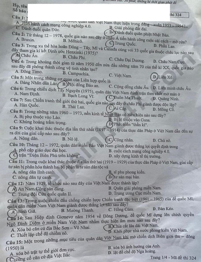 Cập nhật Đề thi và đáp án môn Lịch sử mã 324 tốt nghiệp THPT 2024 Cập nhật Đề thi và đáp án môn Lịch sử mã 324 tốt nghiệp THPT 2024