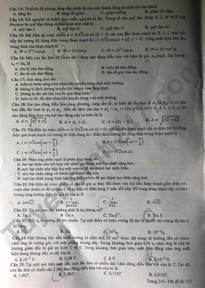 Dap an de thi mon Ly - Ma de 211 tot nghiep THPT 2024