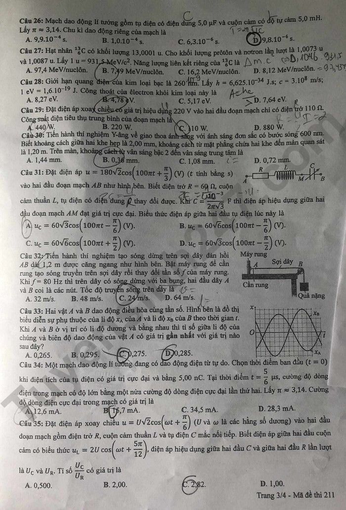 Dap an de thi mon Ly - Ma de 211 tot nghiep THPT 2024