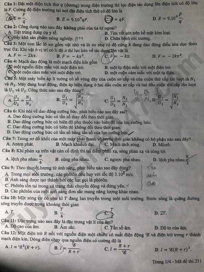 Dap an de thi mon Ly - Ma de 211 tot nghiep THPT 2024