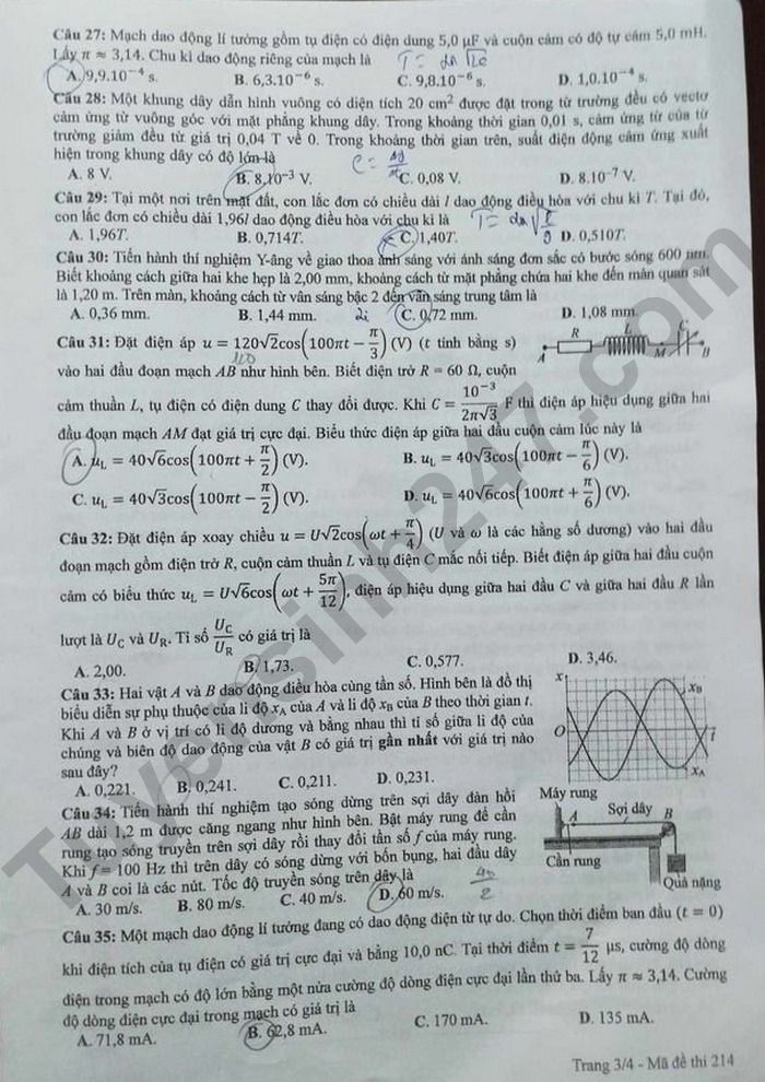 Dap an de thi tot nghiep THPT mon Ly - Ma de 214 nam 2024