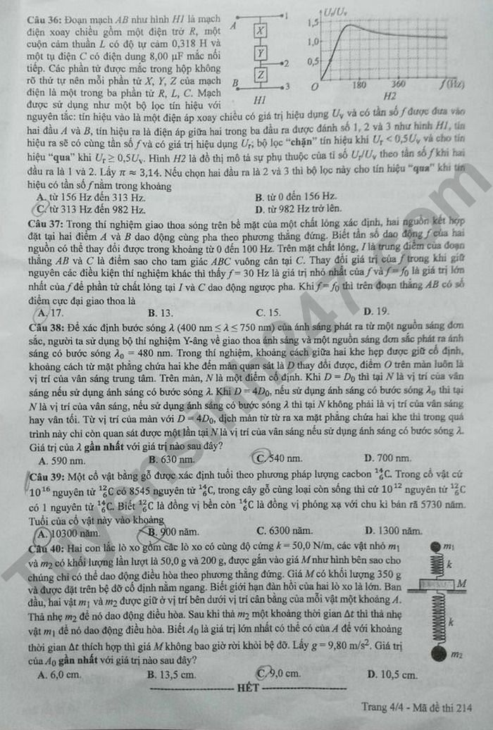 Dap an de thi tot nghiep THPT mon Ly - Ma de 214 nam 2024