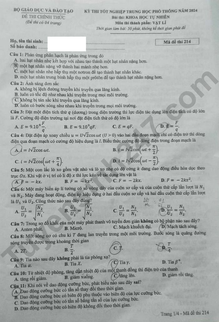 Dap an de thi tot nghiep THPT mon Ly - Ma de 214 nam 2024