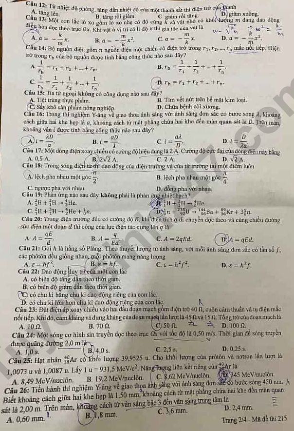 Dap an de thi tot nghiep THPT 2024 mon Ly ma de 215