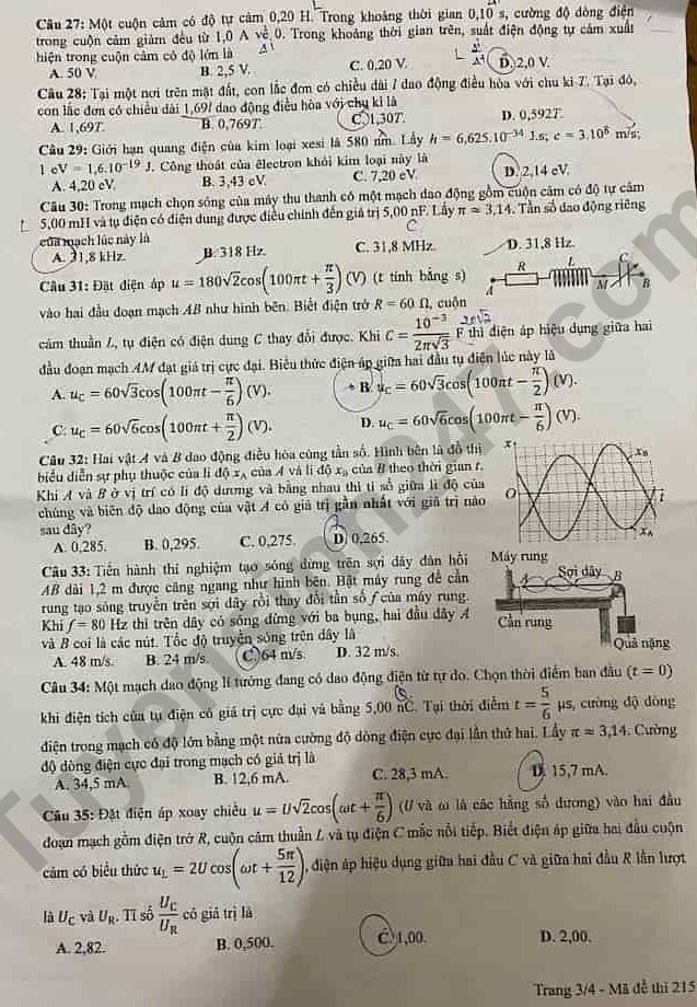 Dap an de thi tot nghiep THPT 2024 mon Ly ma de 215