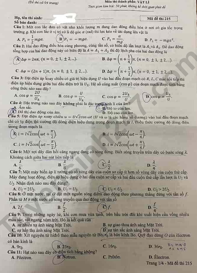 Dap an de thi tot nghiep THPT 2024 mon Ly ma de 215