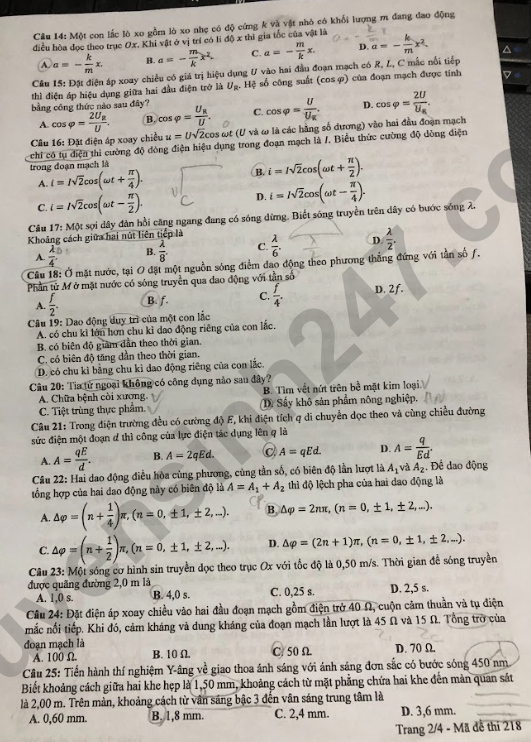 Dap an de thi mon Ly - Ma de 218 tot nghiep THPT 2024