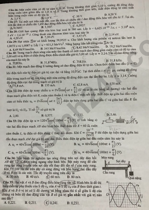 Dap an de thi mon Ly - Ma de 218 tot nghiep THPT 2024