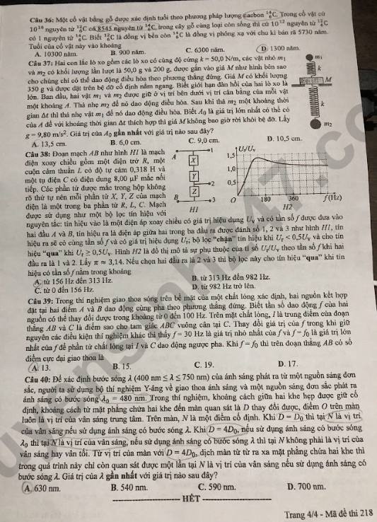Dap an de thi mon Ly - Ma de 218 tot nghiep THPT 2024