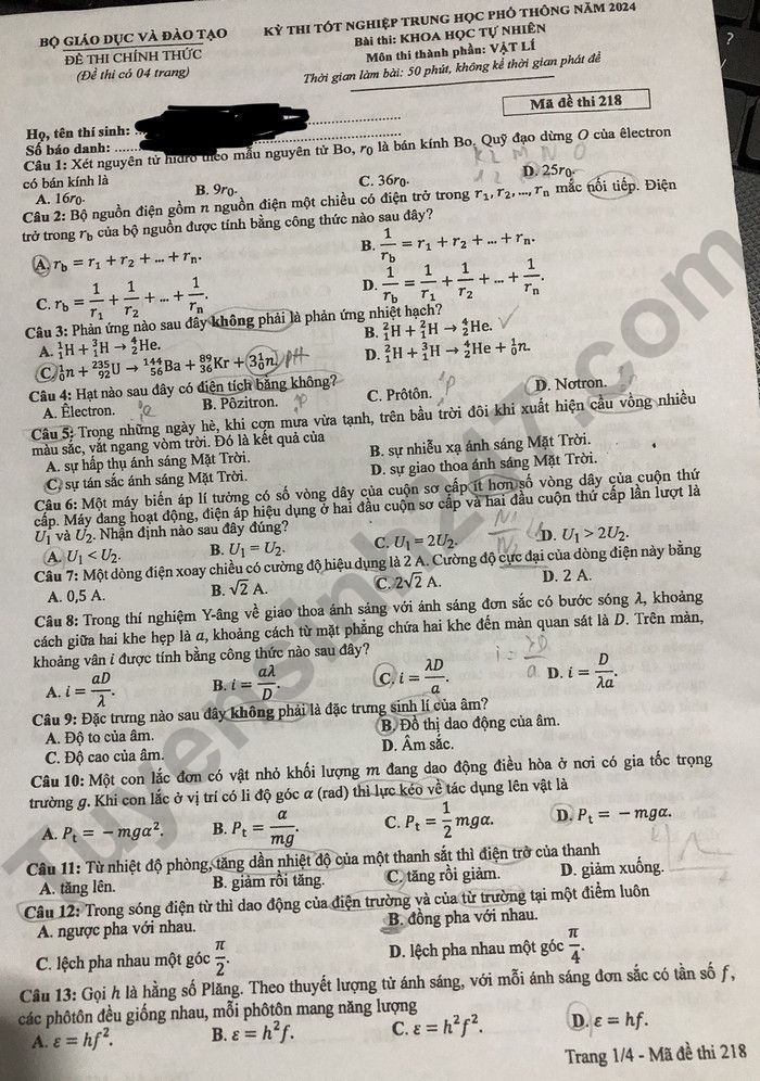 Dap an de thi mon Ly - Ma de 218 tot nghiep THPT 2024