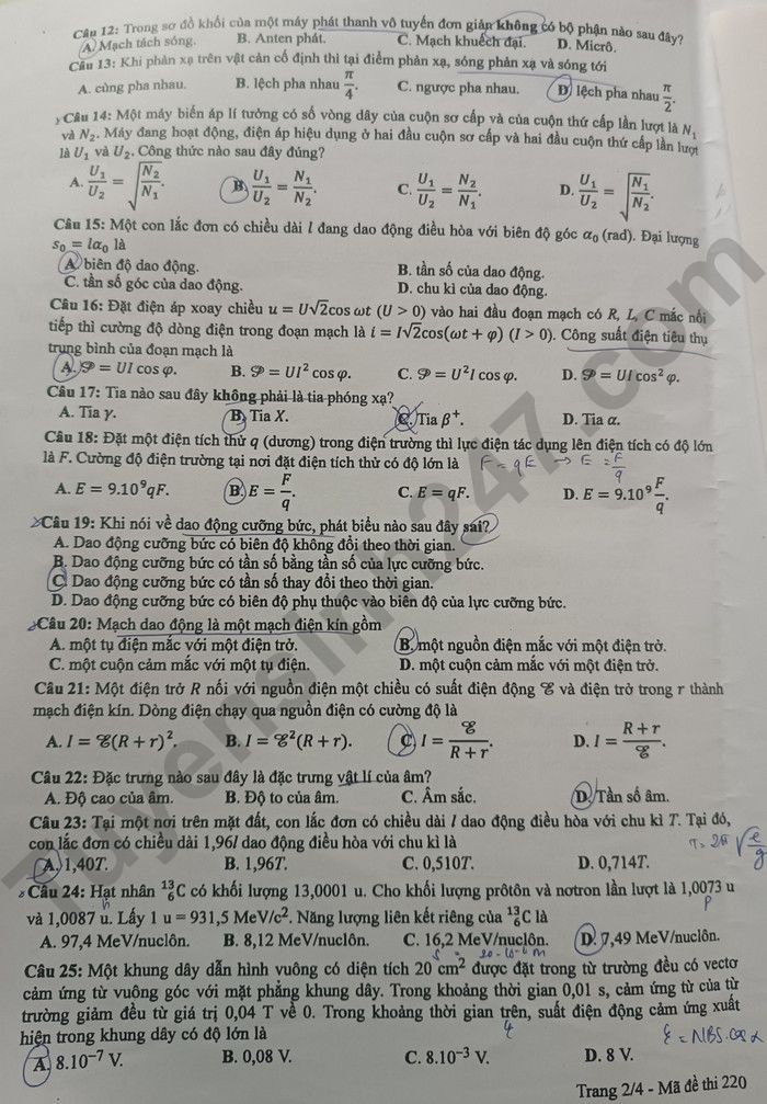 Dap an de thi mon Ly - Ma de 220 tot nghiep THPT 2024