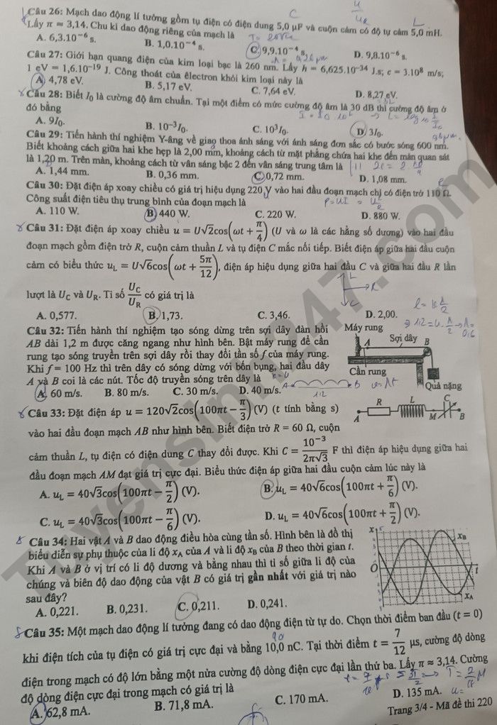 Dap an de thi mon Ly - Ma de 220 tot nghiep THPT 2024