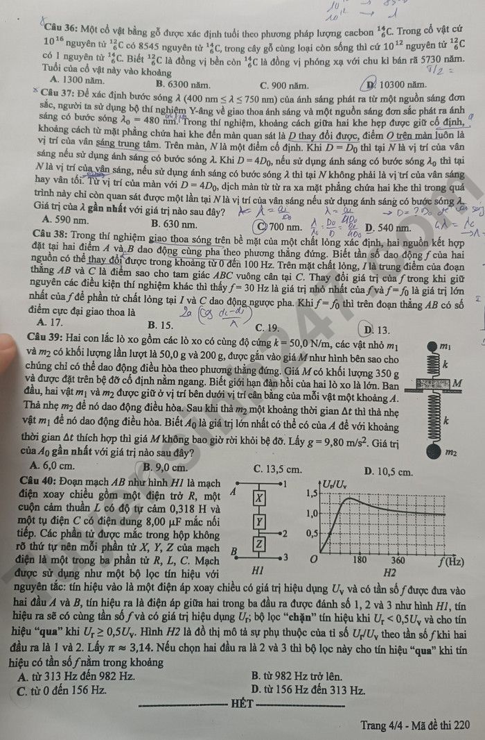 Dap an de thi mon Ly - Ma de 220 tot nghiep THPT 2024