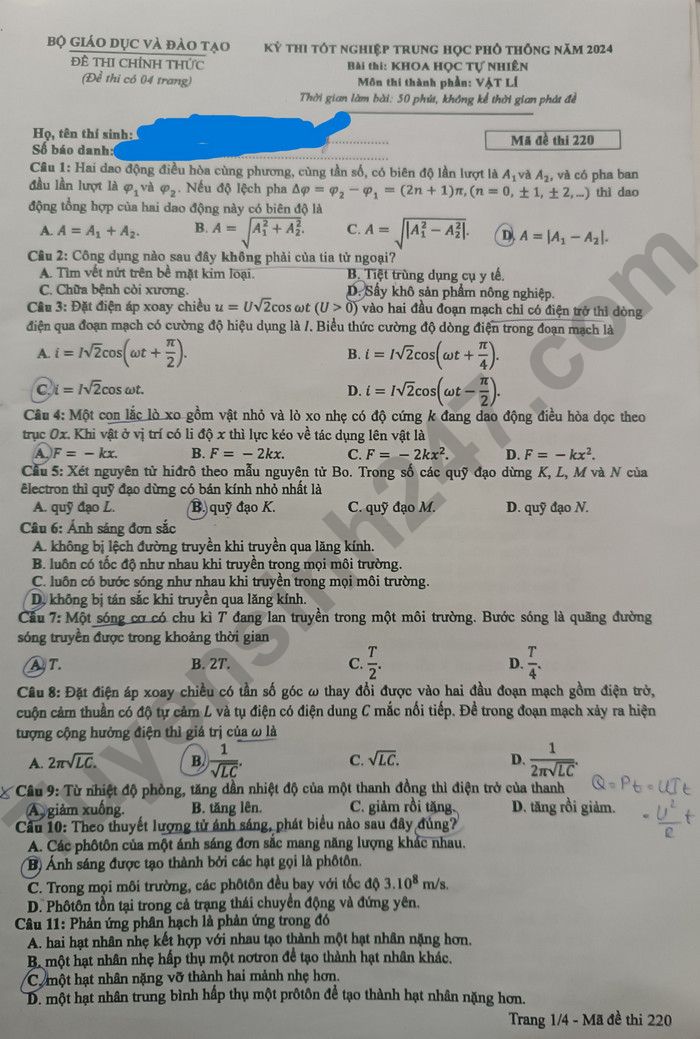 Dap an de thi mon Ly - Ma de 220 tot nghiep THPT 2024