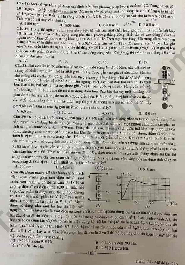 Cập nhật Đề thi và đáp án môn Vật lý mã 215 tốt nghiệp THPT 2024