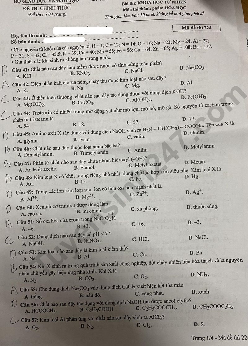 Dap an de thi tot nghiep THPT 2024 mon Hoa - Ma de 224