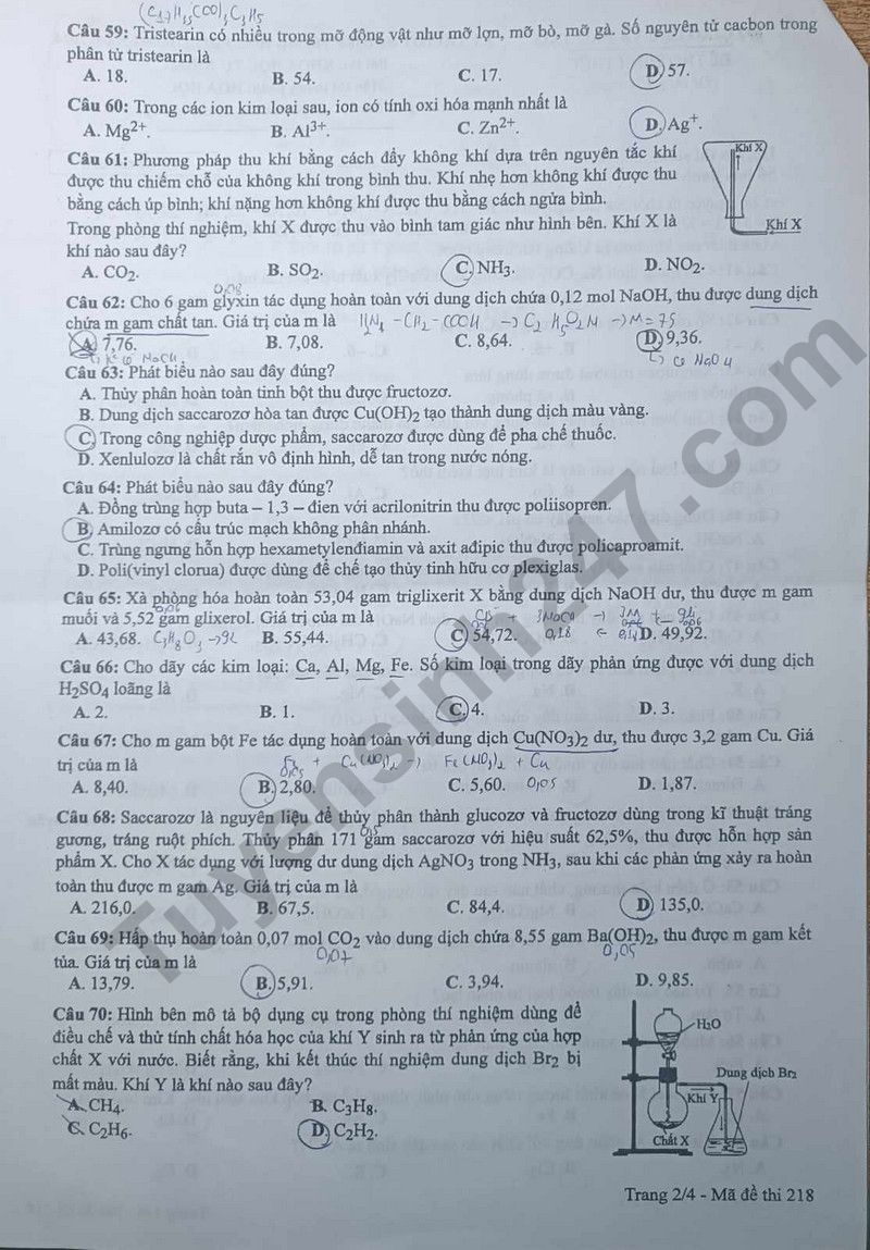 Dap an de thi mon Hoa ma de 218 - Tot nghiep THPT 2024