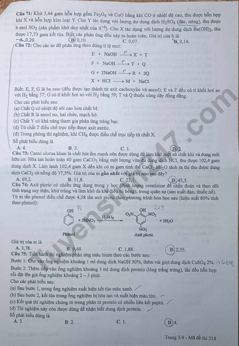 Dap an de thi mon Hoa ma de 218 - Tot nghiep THPT 2024