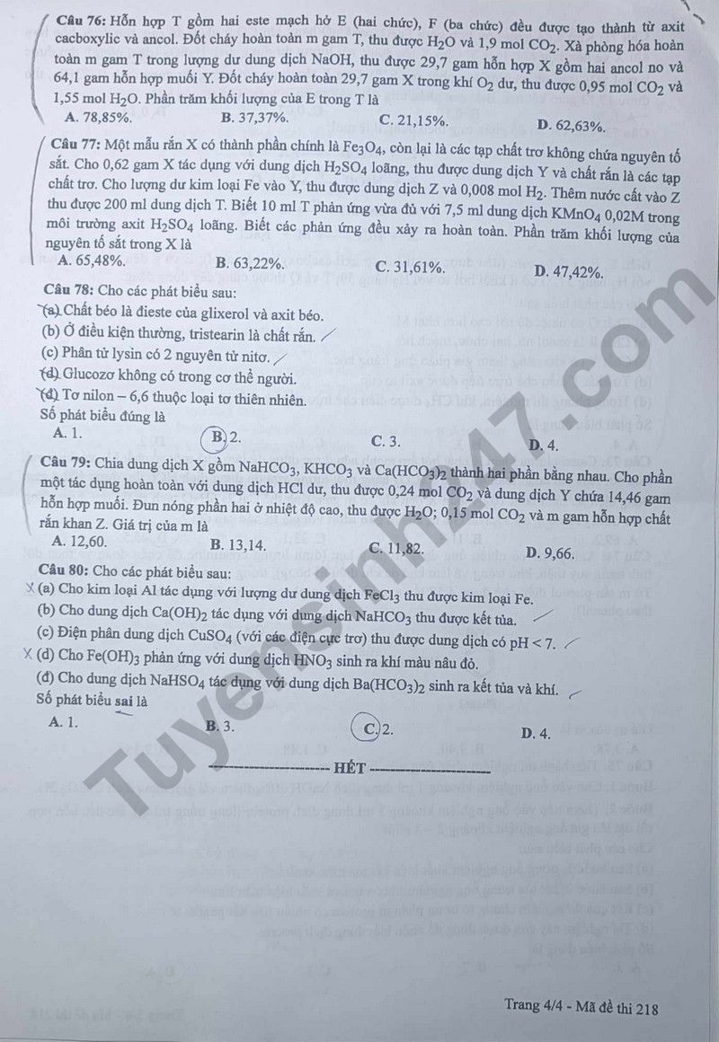 Dap an de thi mon Hoa ma de 218 - Tot nghiep THPT 2024