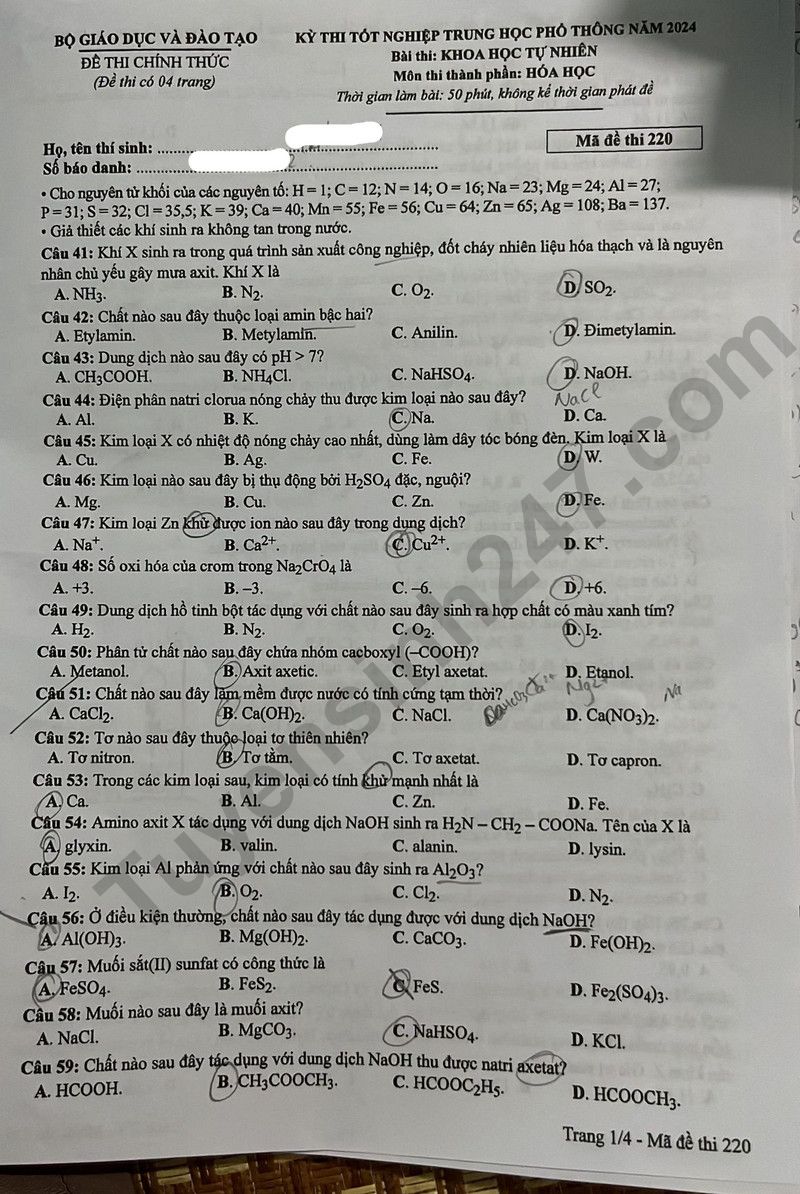 Dap an de thi mon Hoa tot nghiep THPT 2024 - Ma de 220