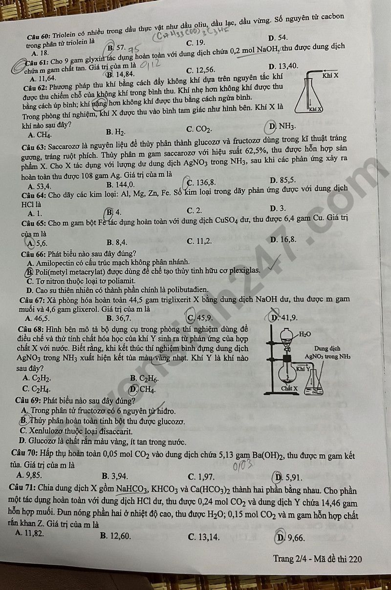 Dap an de thi mon Hoa tot nghiep THPT 2024 - Ma de 220