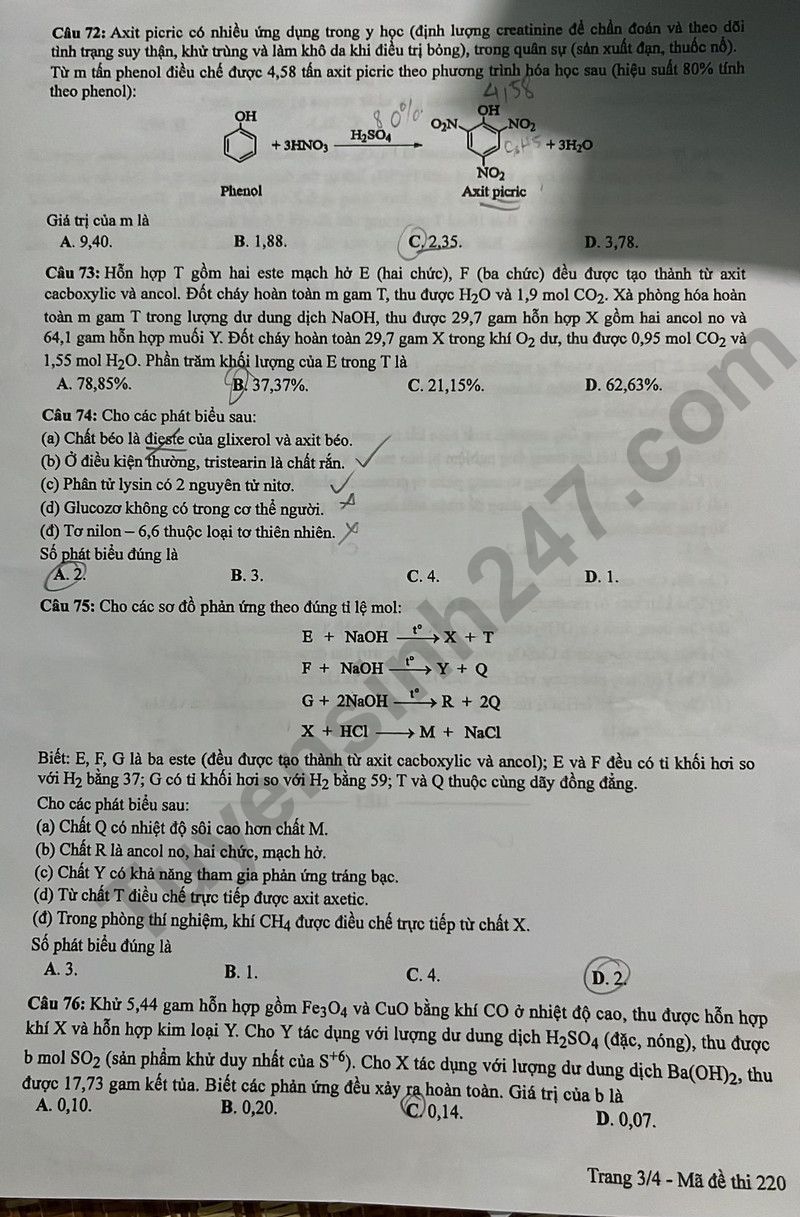 Dap an de thi mon Hoa tot nghiep THPT 2024 - Ma de 220