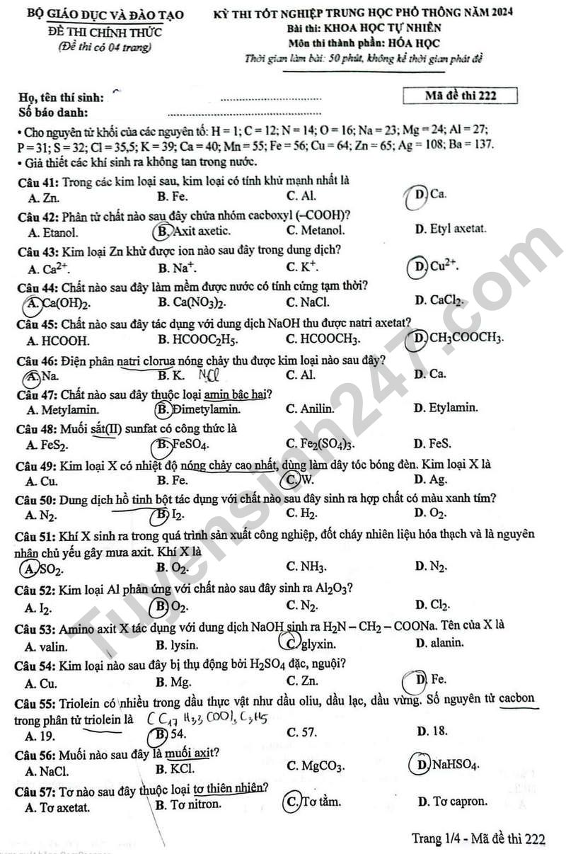 Dap an de thi tot nghiep THPT mon Hoa 2024 - Ma de 222