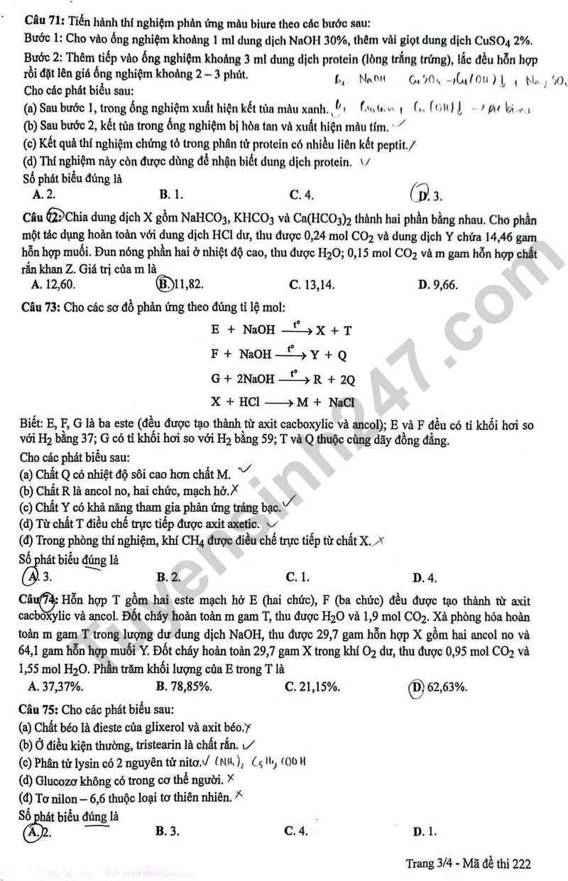 Dap an de thi tot nghiep THPT mon Hoa 2024 - Ma de 222