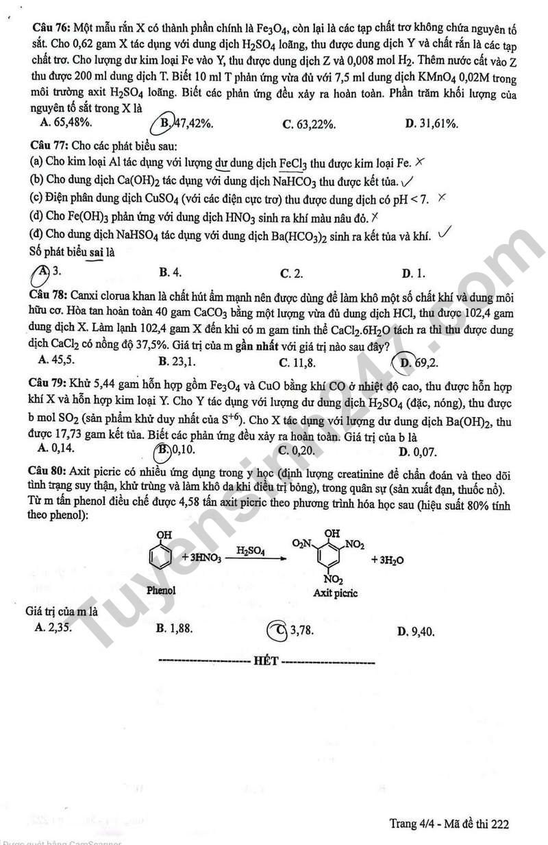 Dap an de thi tot nghiep THPT mon Hoa 2024 - Ma de 222