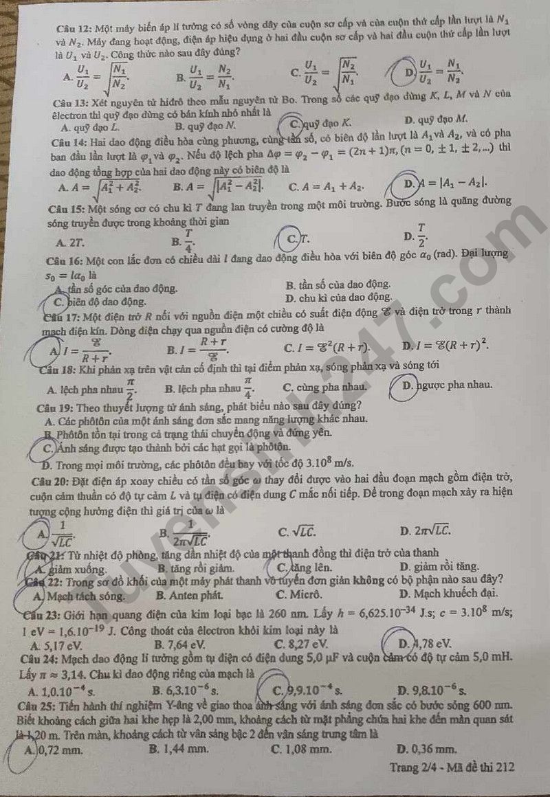 Dap an de thi mon Ly tot nghiep THPT 2024 ma de 212