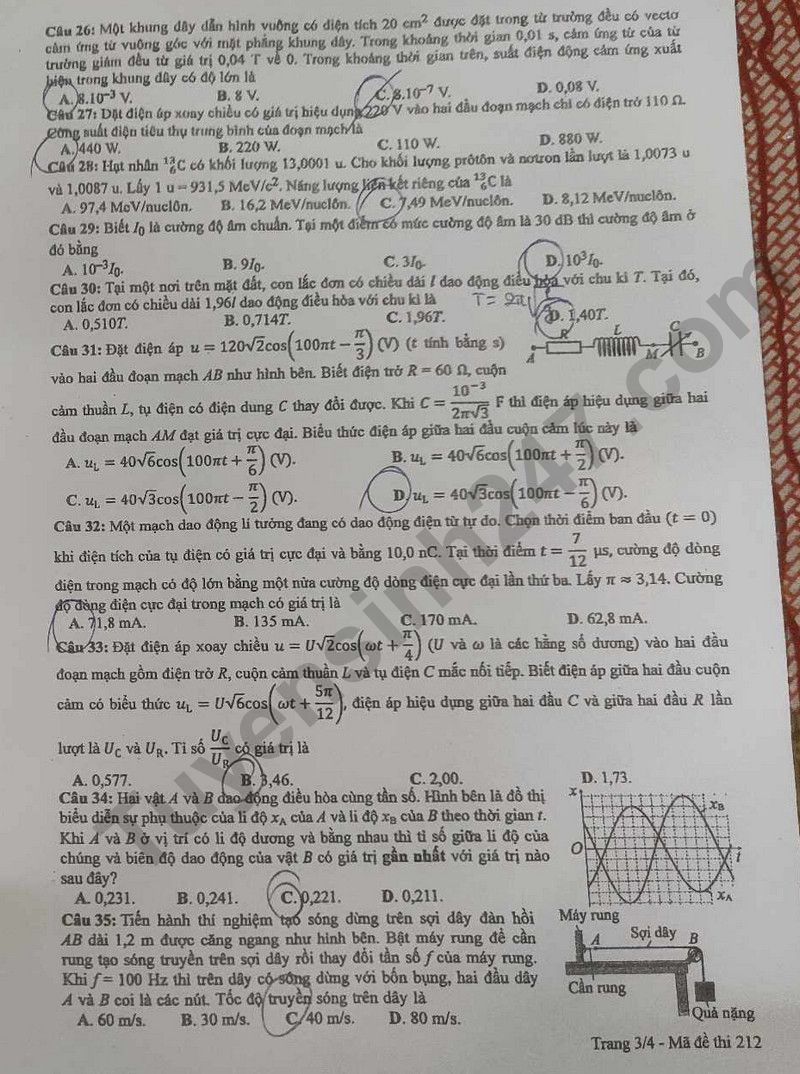 Dap an de thi mon Ly tot nghiep THPT 2024 ma de 212