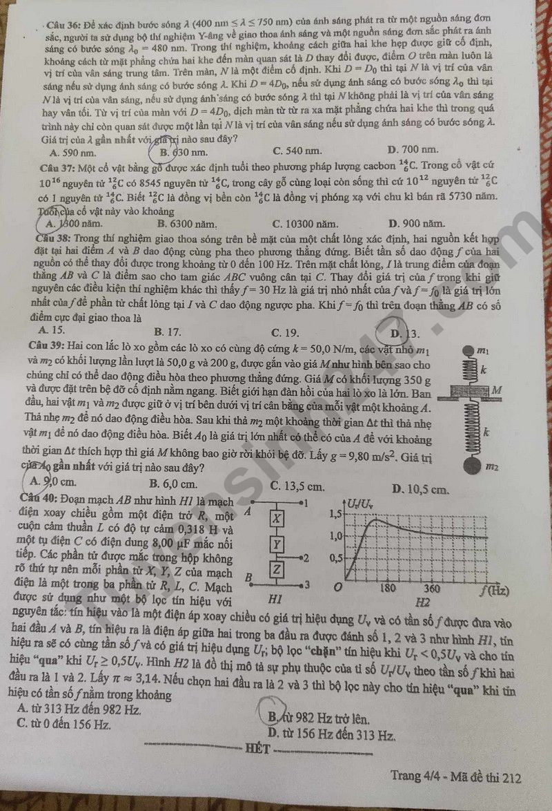 Dap an de thi mon Ly tot nghiep THPT 2024 ma de 212