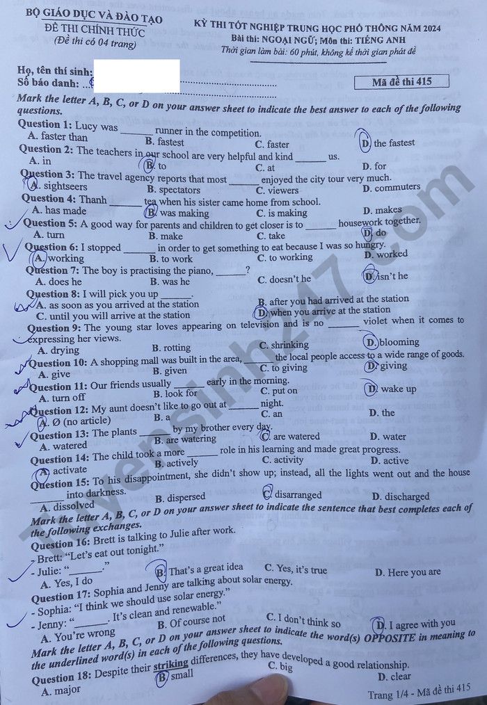Dap an de thi mon Anh ma de 415 - Tot nghiep THPT 2024