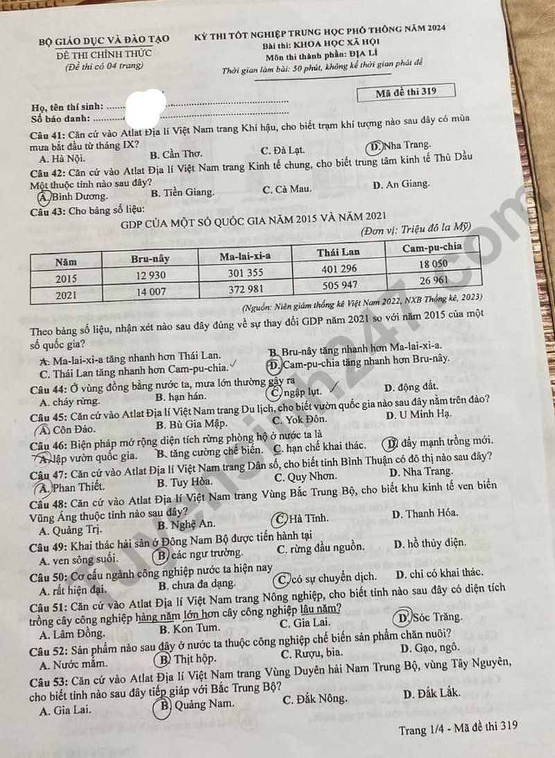 Dap an de thi tot nghiep THPT mon Dia 2024 - Ma de 319