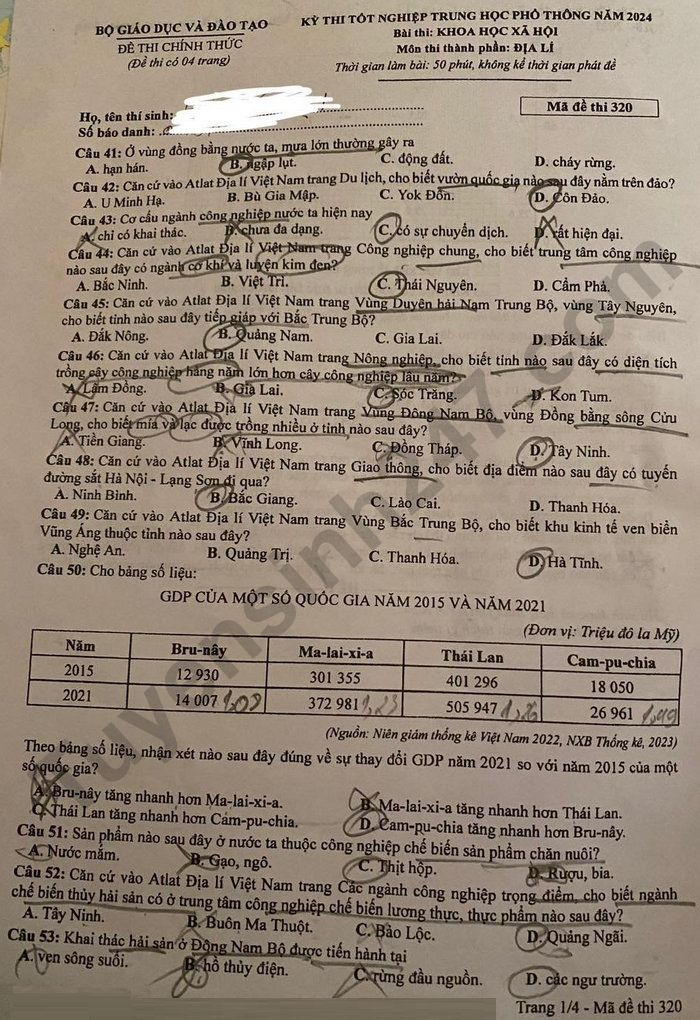 Dap an de thi tot nghiep THPT 2024 mon Dia - Ma de 320