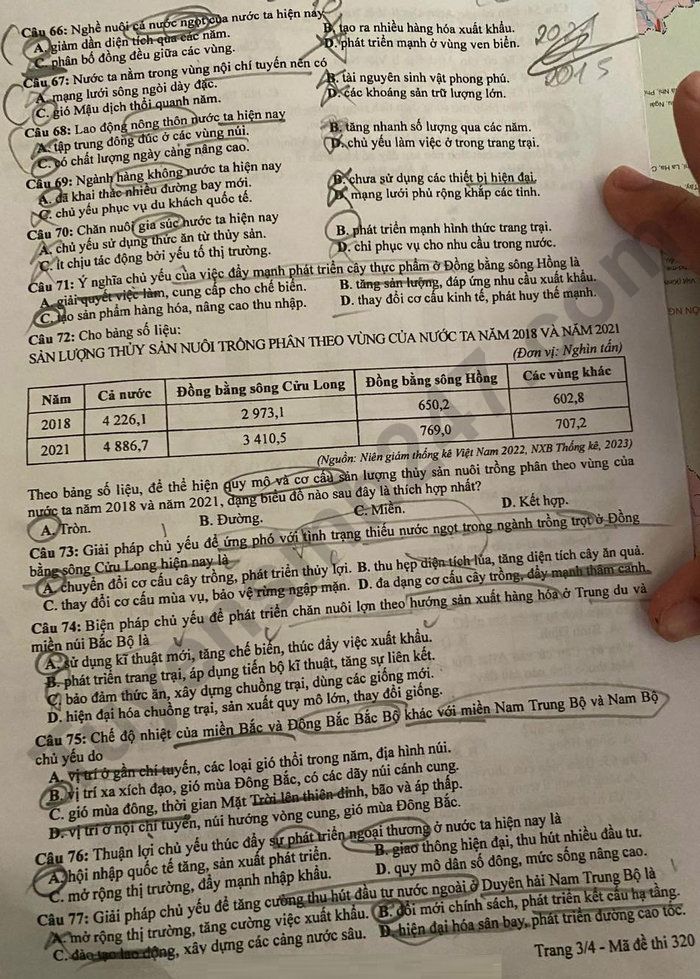 Dap an de thi tot nghiep THPT 2024 mon Dia - Ma de 320