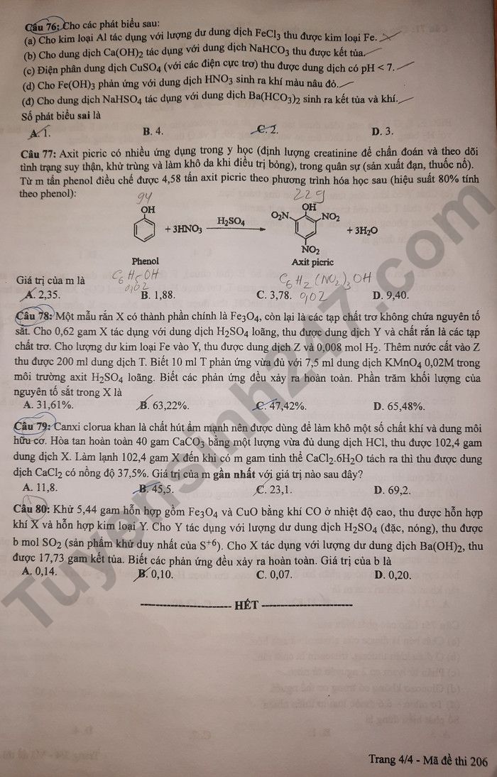 Dap an de thi mon Hoa - ma de 206 tot nghiep THPT 2024