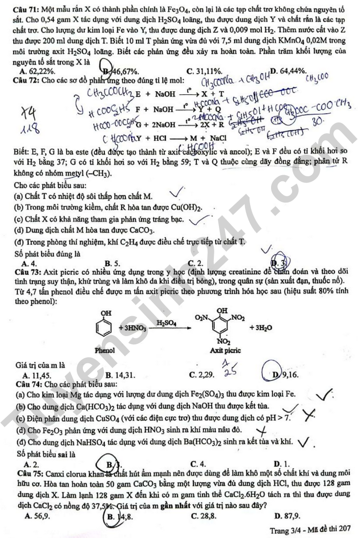 Dap an de thi mon Hoa ma de 207 tot nghiep THPT 2024